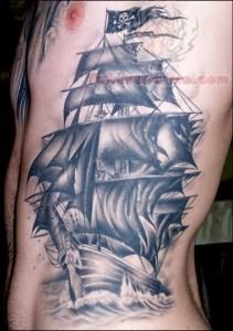 Pirate Ship Tattoo On Rib