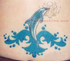 Blue Ink Sea Creature Tattoo On Lower Back