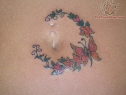 Flower And Butterfly Circle Tattoo Around Belly