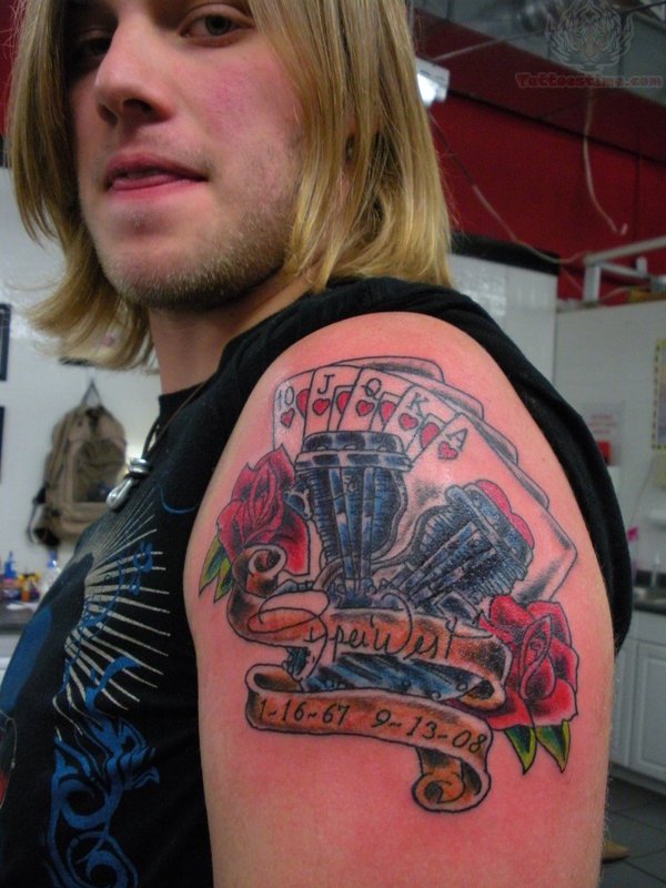 Memorial Poker Tattoo On Shoulder