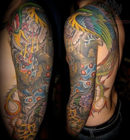Colorful Foo Dog Tattoo On Sleeve
