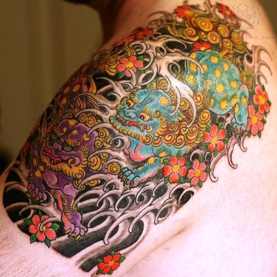 Foo Dog Color Ink Tattoo On Shoulder