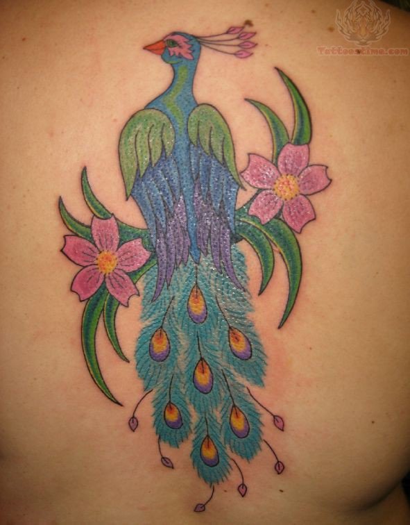 Pink Flowers And Peacock Tattoo