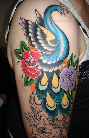 Roses And Peacock Tattoo On Biceps