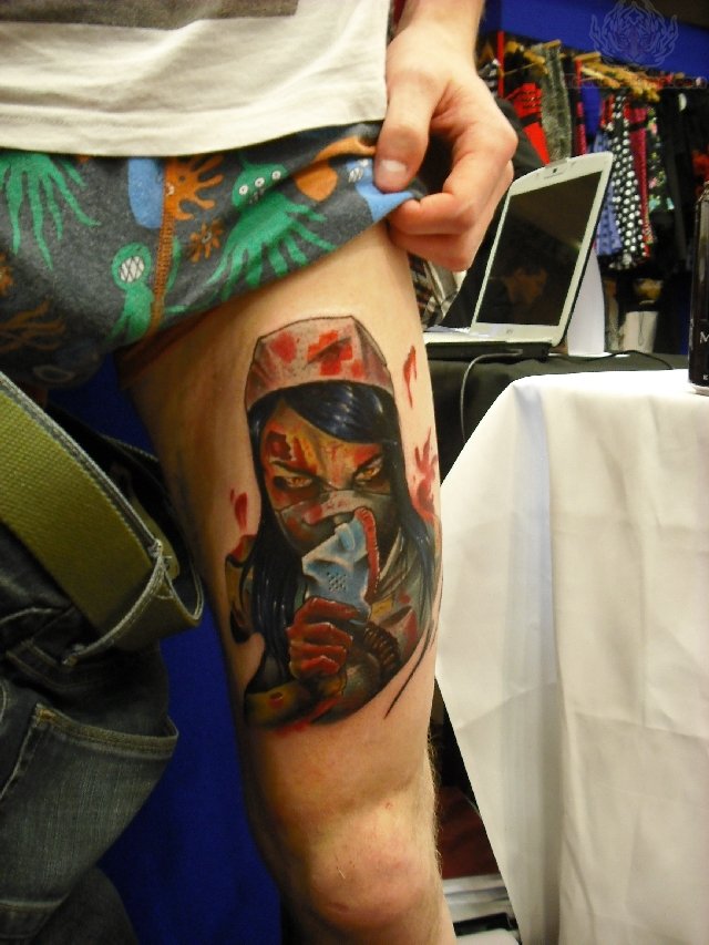Zombie Nurse Tattoo On Men Thigh