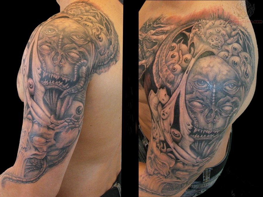 Mechanical Zombie Skull Tattoo On Shoulder
