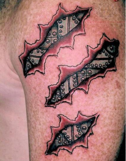 Rip Skin Bio Mechanical Tattoo On Bicep