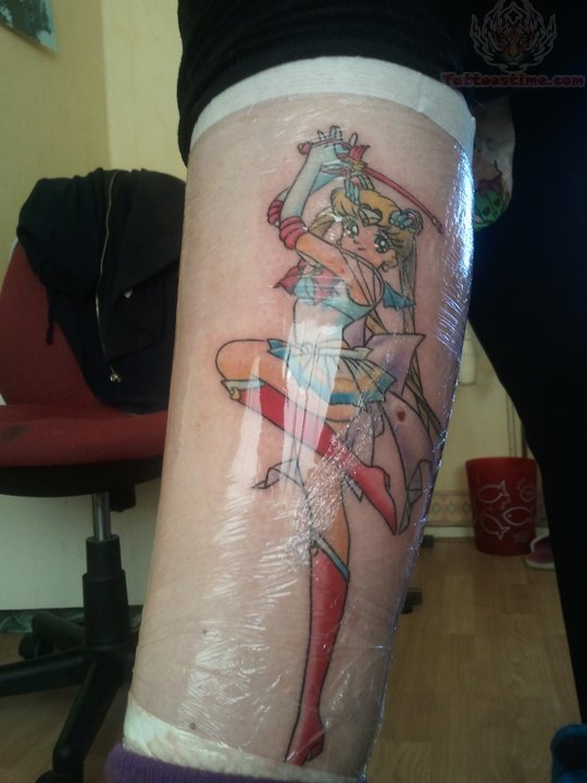 Beautiful Anime Girl Tattoo On Left Leg