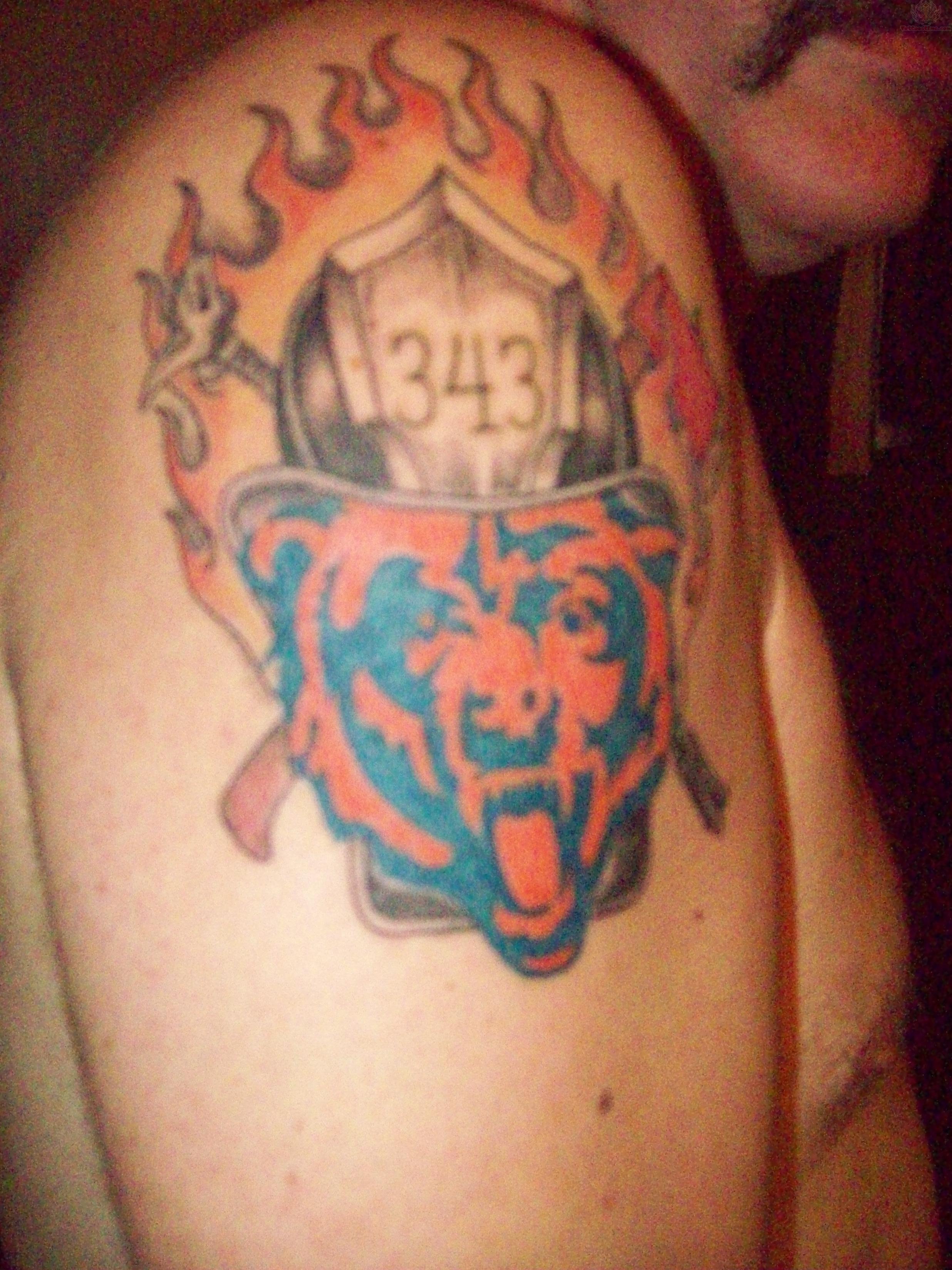 Flaming Chicago Bears Tattoos On Shoulder