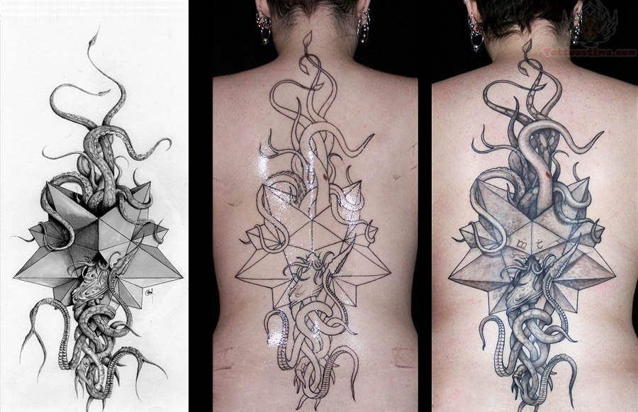 Grey Ink Large Cthulhu Tattoo On Girl Back