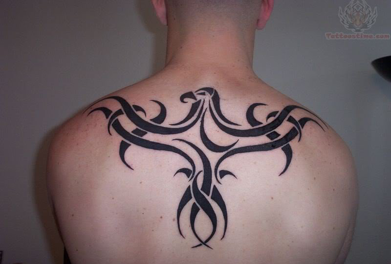 Tribal Raven Tattoo On Men Upperback