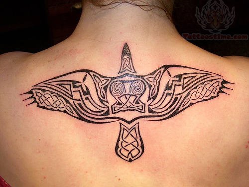 Tribal Raven Tattoo On Upperback