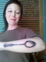 Spoon Grey Ink Tattoo On Arm