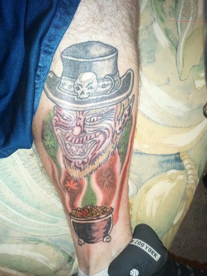 Leprechaun Head Tattoo On Leg