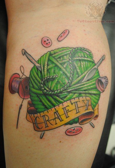 Sewing Tattoo With Banner And Kniiting Ball  Buttons
