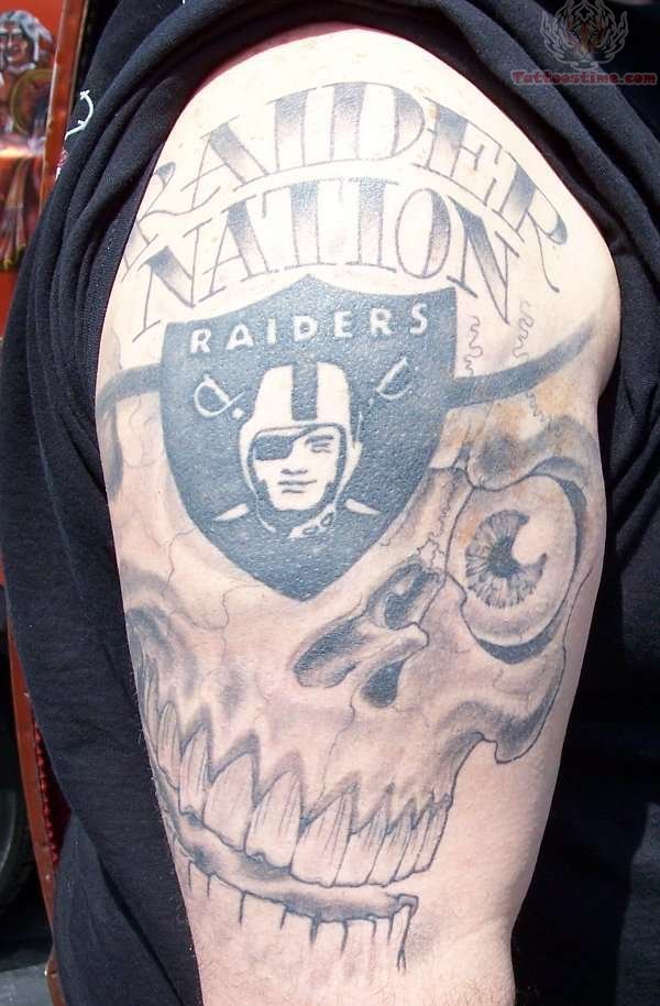 SKull And Oakland Raiders Logo Tattoo On Half Sleeve