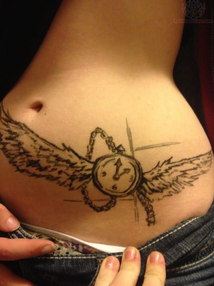 Winged Clock Tattoo On Hip
