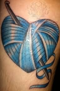 Blue Ink Heart Yarn And Crochet Hook Tattoo