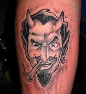 Smoking Devil Horns Grey Ink Tattoo