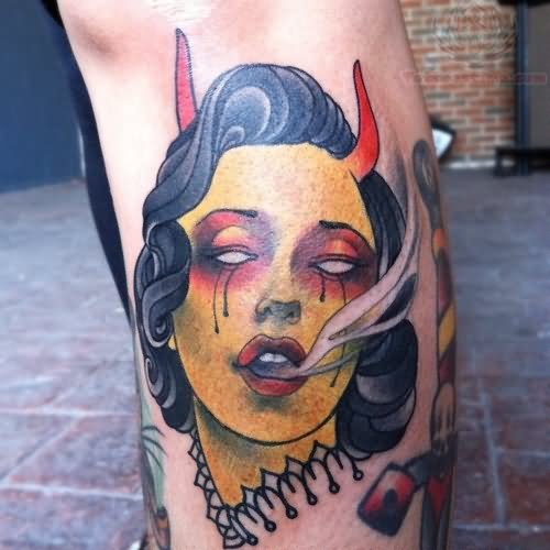 Smoking Girl With Devil Horns Tattoo