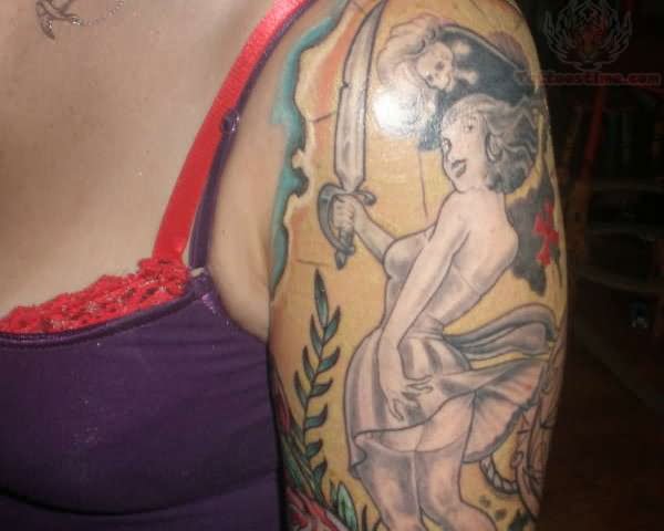 Left Shoulder Pirate Girl Color Tattoo