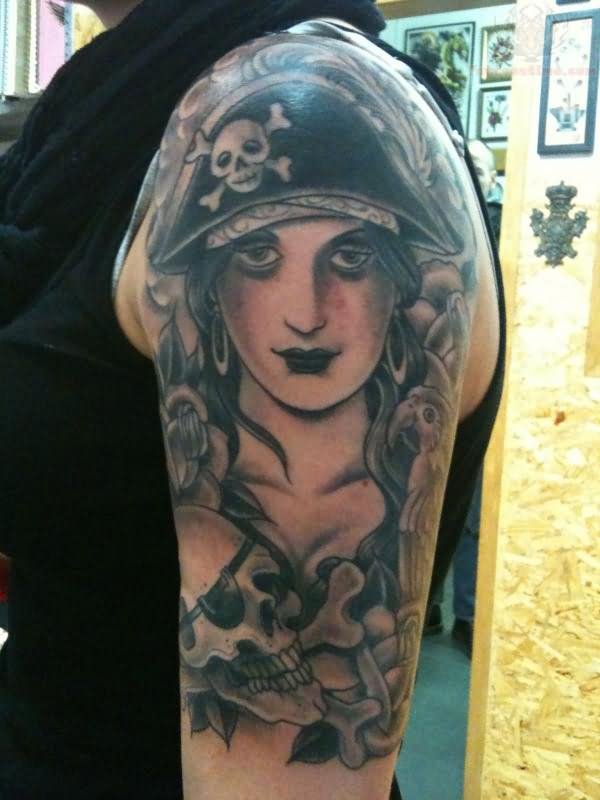 Left Shoulder Pirate Girl Tattoo For Girls