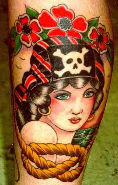 Red Flowers And Pirate Girl Portrait Tattoo