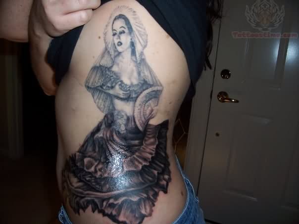 Side Rib Gery Ink Pirate Girl Tattoo