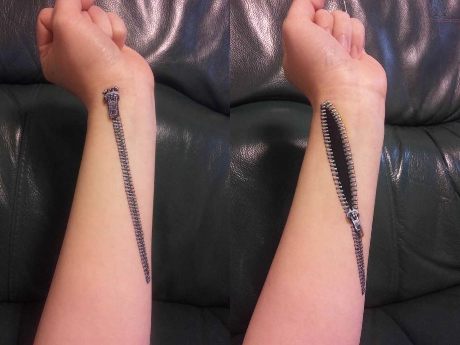 Zipper Tattoo On Left Arm