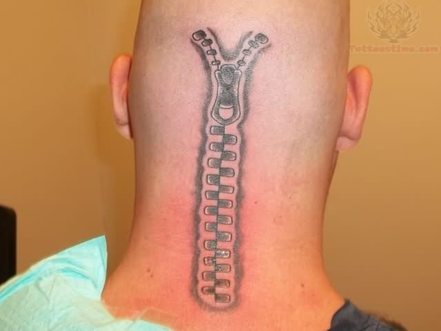 Zipper Tattoo On Men Back Head