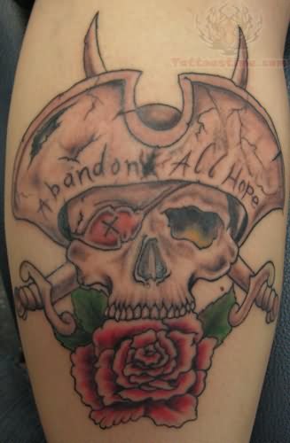 Red Rose And Pirate Skull Tattoo