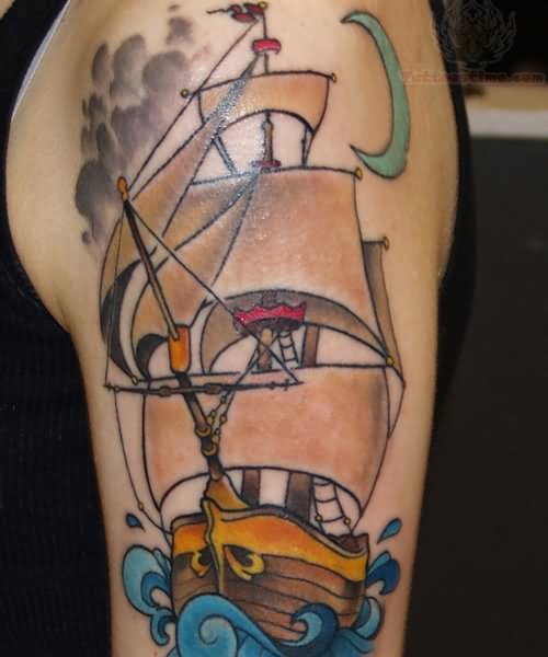 Mighty Jolly Roger Ship Tattoo On Half Sleeve