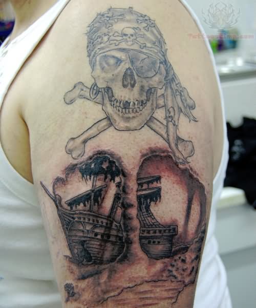 Pirate Skull And Jolly Roger Ship Tattoo