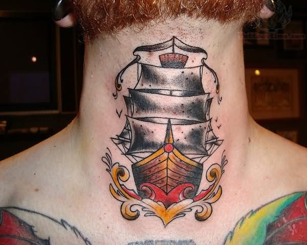 Throat Pirate Jolly Roger Ship Tattoo