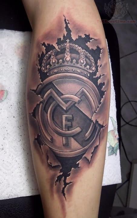 Grey Ink Ripped Skin Real Madrid C.F. Logo Tattoo