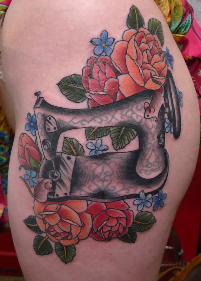 Red Flowers And Quilting Machine Tattoo