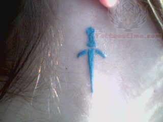 Taarna Dagger Blue Ink Tattoo On Neck