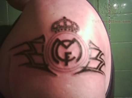 Tribal And Real Madrid C.F. Logo Tattoo On Left Shoulder