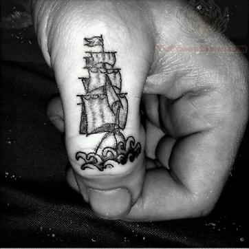 Pirate Ship Tattoo On Thumb