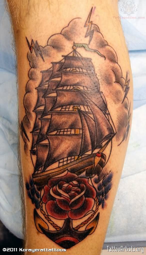 Rose Anchor And Pirate Ship Tattoo On Leg