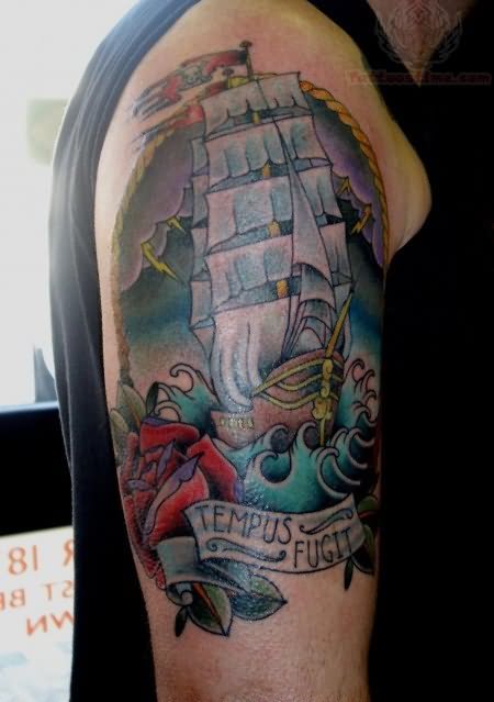 Tempus Fugit – Pirate Ship Tattoo On Half Sleeve