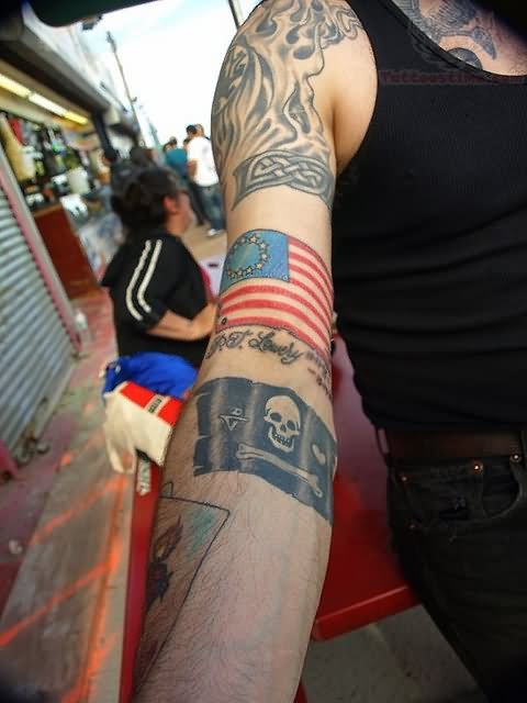 Us And Pirate Flag Tattoo On Right Sleeve