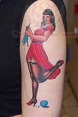 Pinup Girl Knitting Tattoo On Left Shoulder