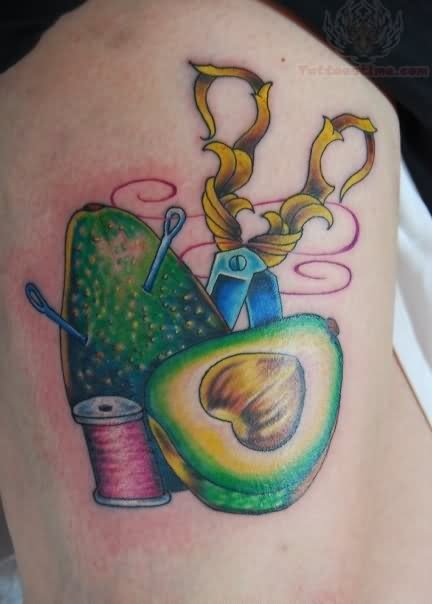Spool, Scissor And Fruit Tattoo