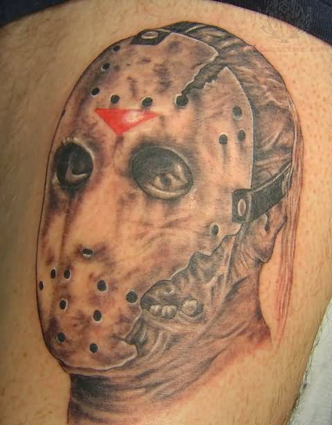 Jason Vorhees Grey Ink Head Tattoo