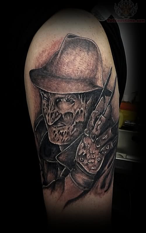 Left Half Sleeve Grey Ink Freddy Krueger Tattoo