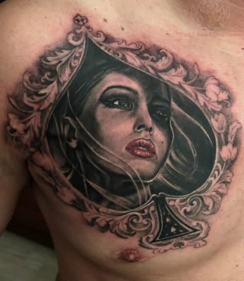 Ace And Girl Head Tattoo On Chest