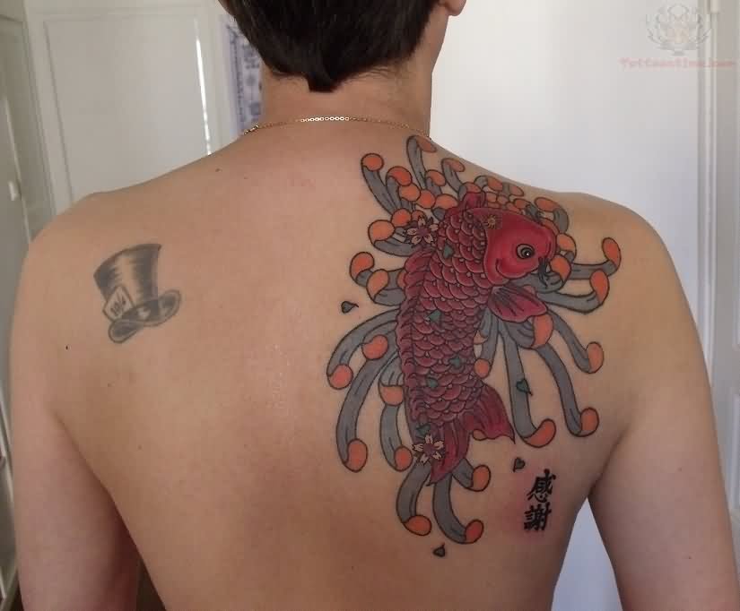 Asian Color Ink Koi Fish Tattoo On Back Shoulder