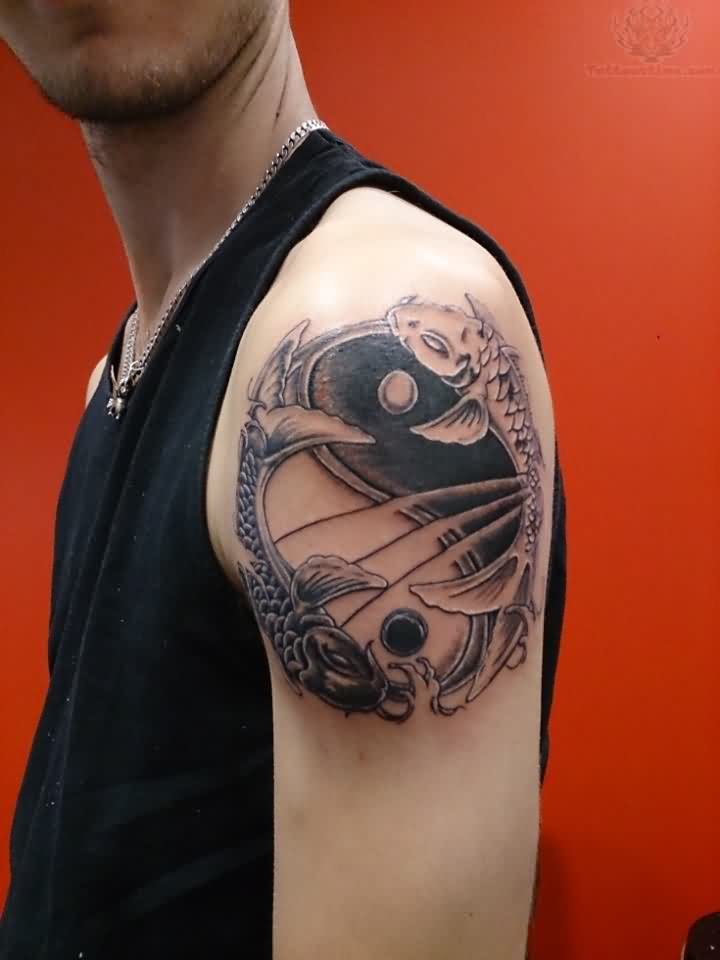 Koi And Ying Yang Tattoo On Shoulder