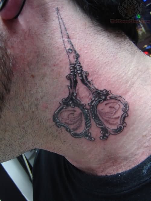 Scissor Tattoo On Neck For Men